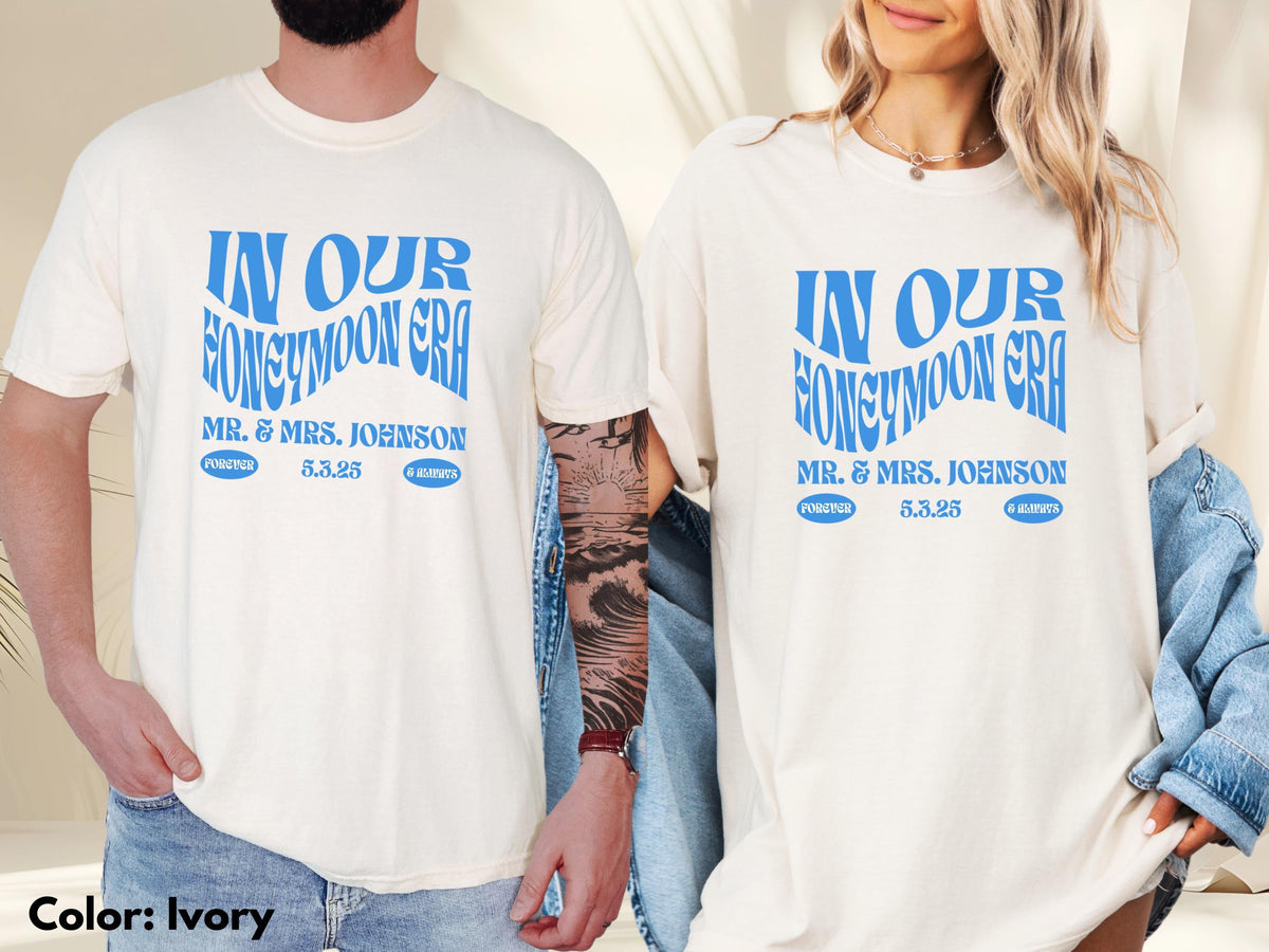 In Our Honeymoon Era Custom Honeymoon Shirt Custom Bride Shirt Personalized Mrs Shirt Bachelorette GiftTrendy Wife Shirt Graphic Tee – Everyday Comfort · High-Quality Print
