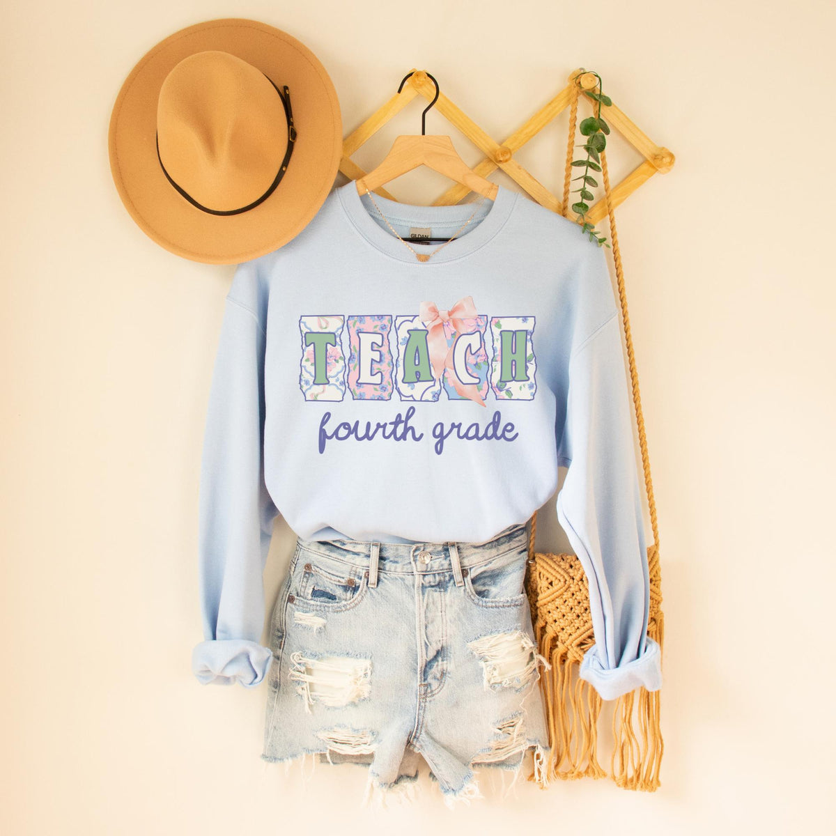 Fourth Grade Teacher Sweatshirt with Flowers Soft Girl Style Letters Teach Fourth Grade 90s Scrapbook Vibe Matching Fourth Grade Crew Sweatshirt – Feel-Good Design · Top Pick For Any Outfit