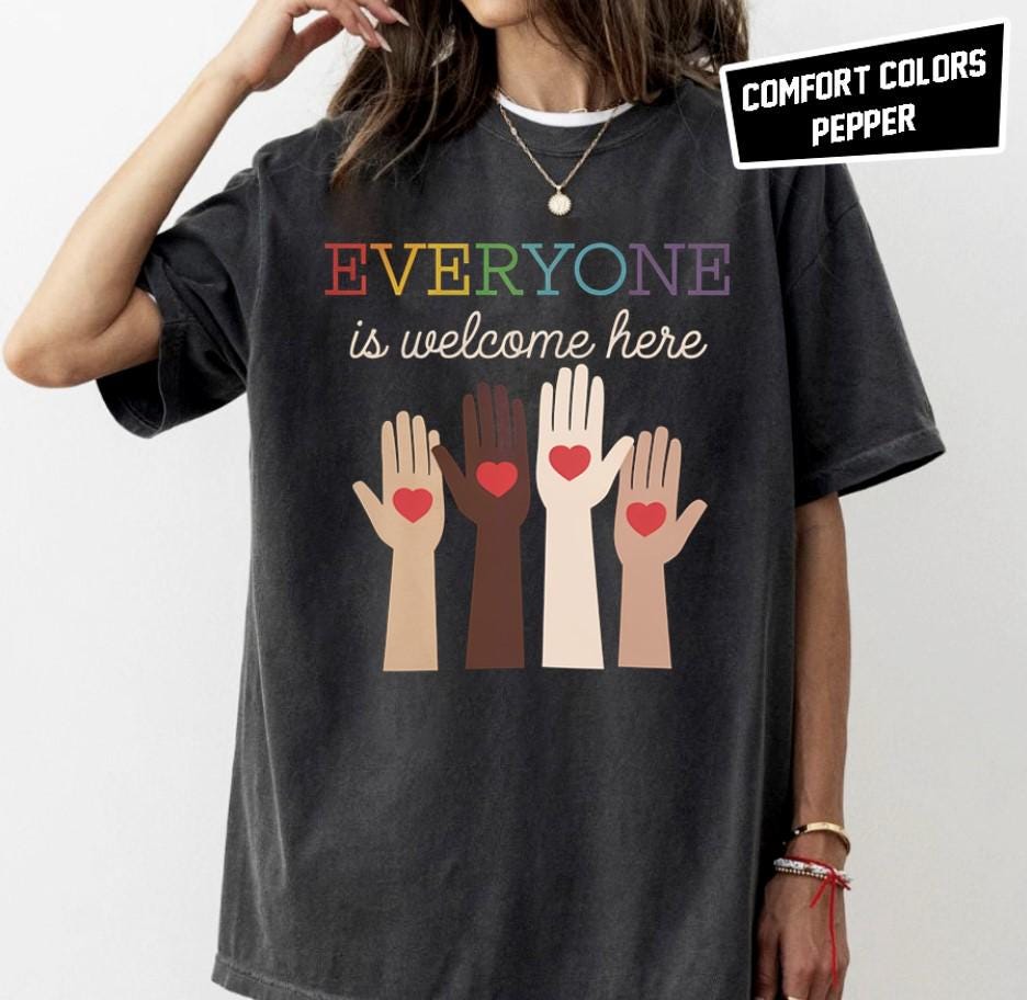 Everyone Is Welcome Here Hand Sign Heart Shit Idaho Teacher T Shirt Inclusion And Equality Vintage Tee LGBT Support Shirt Graphic Tee – Warm & Stylish · Perfect For Daily Wear