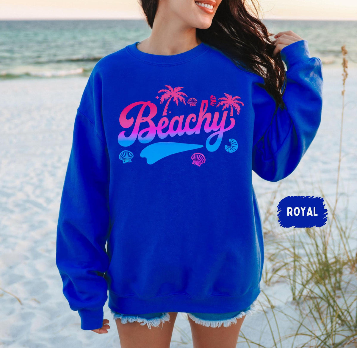 Beachy Sweatshirt Ocean Lover Jumper Coastal Vibes Crewneck Seaside Sweater Summer Apparel Gift Vacation Wear Sweatshirt – Premium Graphic · Great Gift For Fans