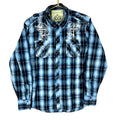 Y2K Cross Plaid Shirt Size XL Blue Snap Pearl Embroidered Graphic Tee – Fan Favorite · Must-Have Style