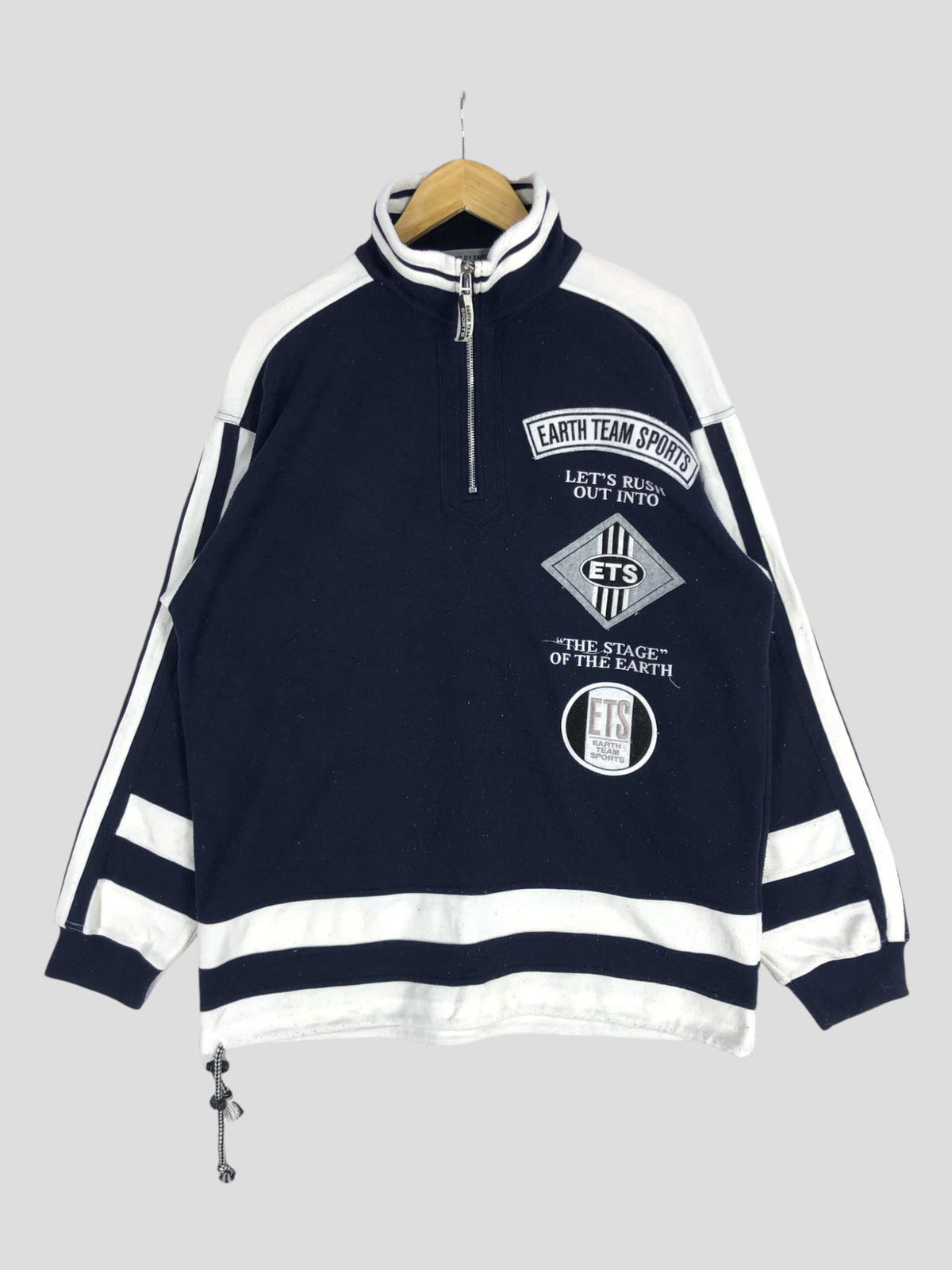 Vintage Earth Team Sports Sweater Retro High Collar Zipper Pullover Unisex Navy Blue and White Casual Cozy Style with Embroidered Logos XL Graphic Tee – Premium Graphic · High-Quality Print