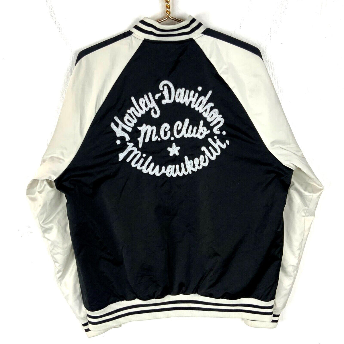Harley Davidson Club Crew Bomber Satin Jacket Large Black Chain Stitch Graphic Tee – Feel-Good Design · High-Quality Print