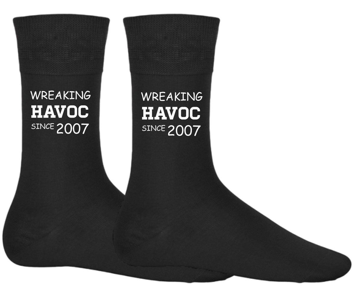 Wreaking Havoc Since 2007 Socks Funny 18th Birthday Gift Born 2007 18 Years Old Socks Birthday Socks For Men Birthday Socks For Women Graphic Tee – Cozy Vibes · Trending Graphic Apparel