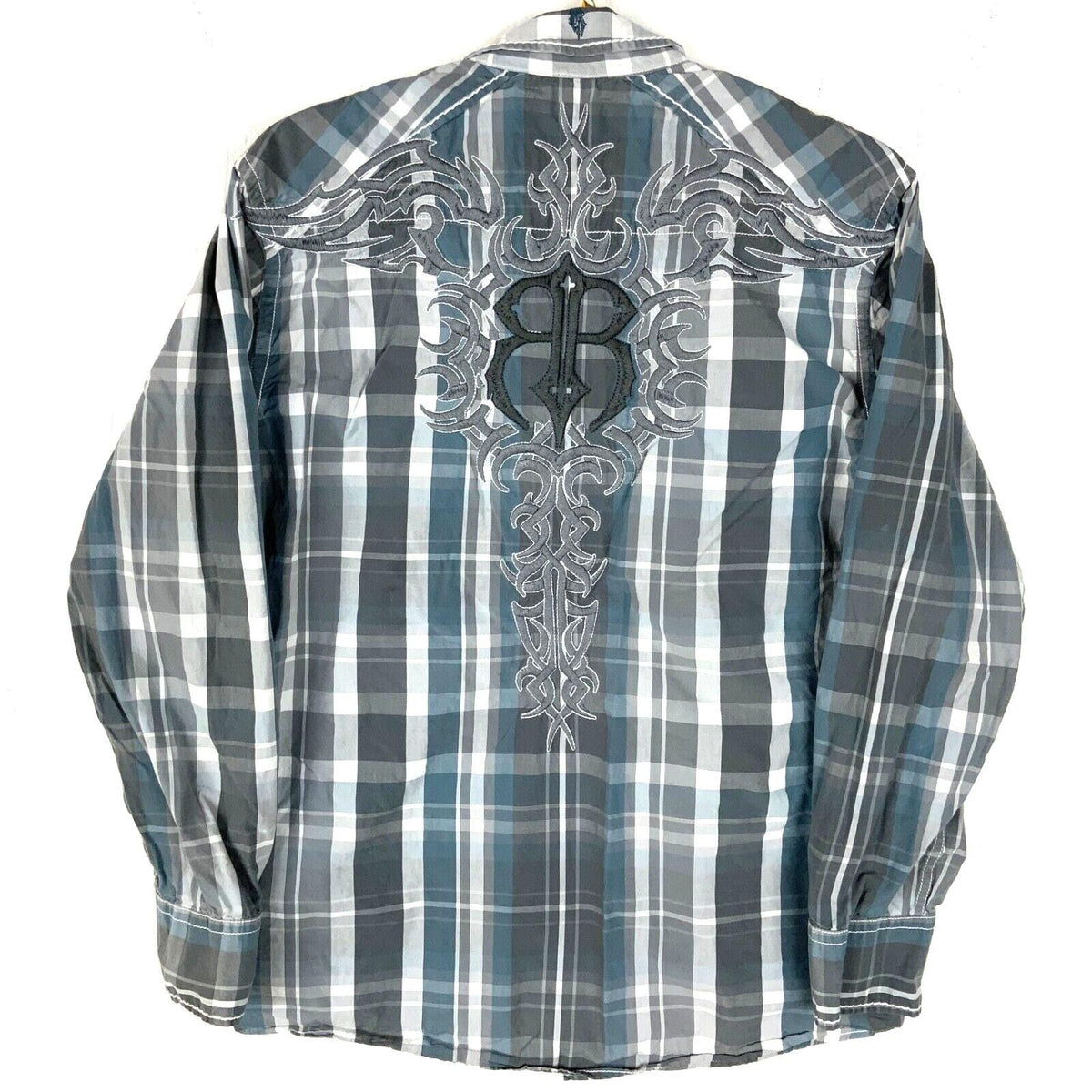 Y2K Roar Shirt Size Large Gray Checkered Long Sleeve Button Up Tribal Cross Graphic Tee – Premium Graphic · Top Pick For Any Outfit