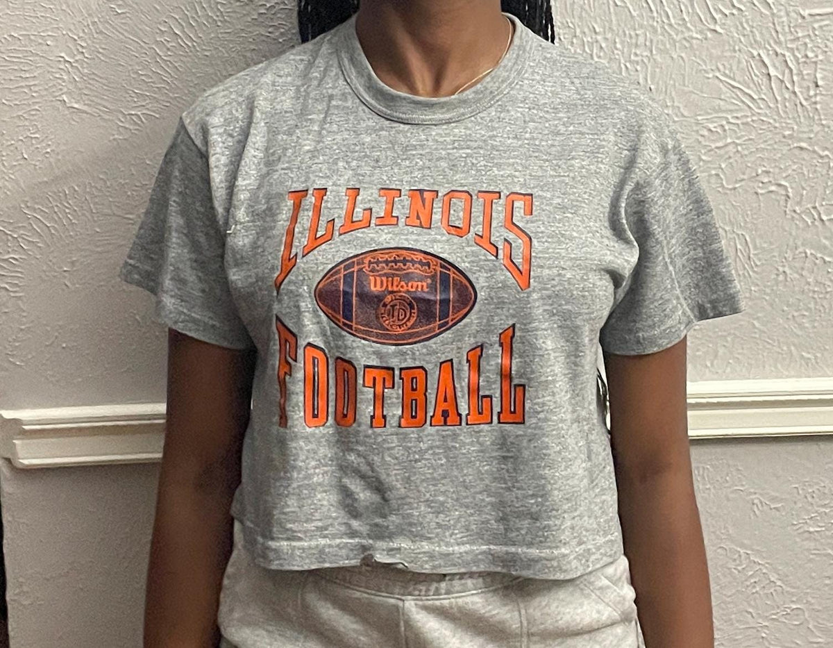 Vintage 80s Illinois Fighting Illini Football grey croptop t shirt modeled size M Graphic Tee – Fan Favorite · Great Gift For Fans