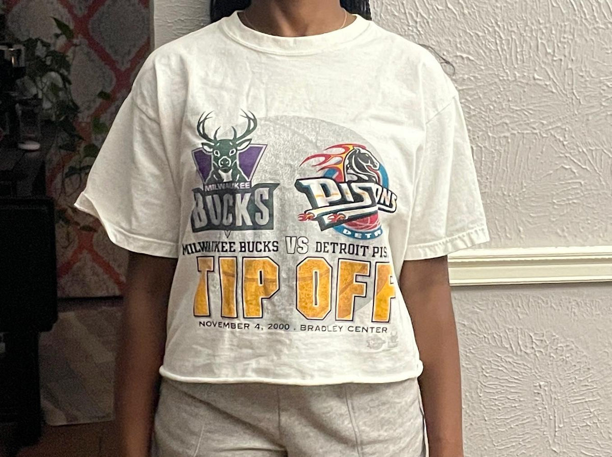 Vintage 2000s Milwaukee Bucks Vs Detroit Pistons white CropTop modeled size L Graphic Tee – Premium Graphic · Perfect For Daily Wear