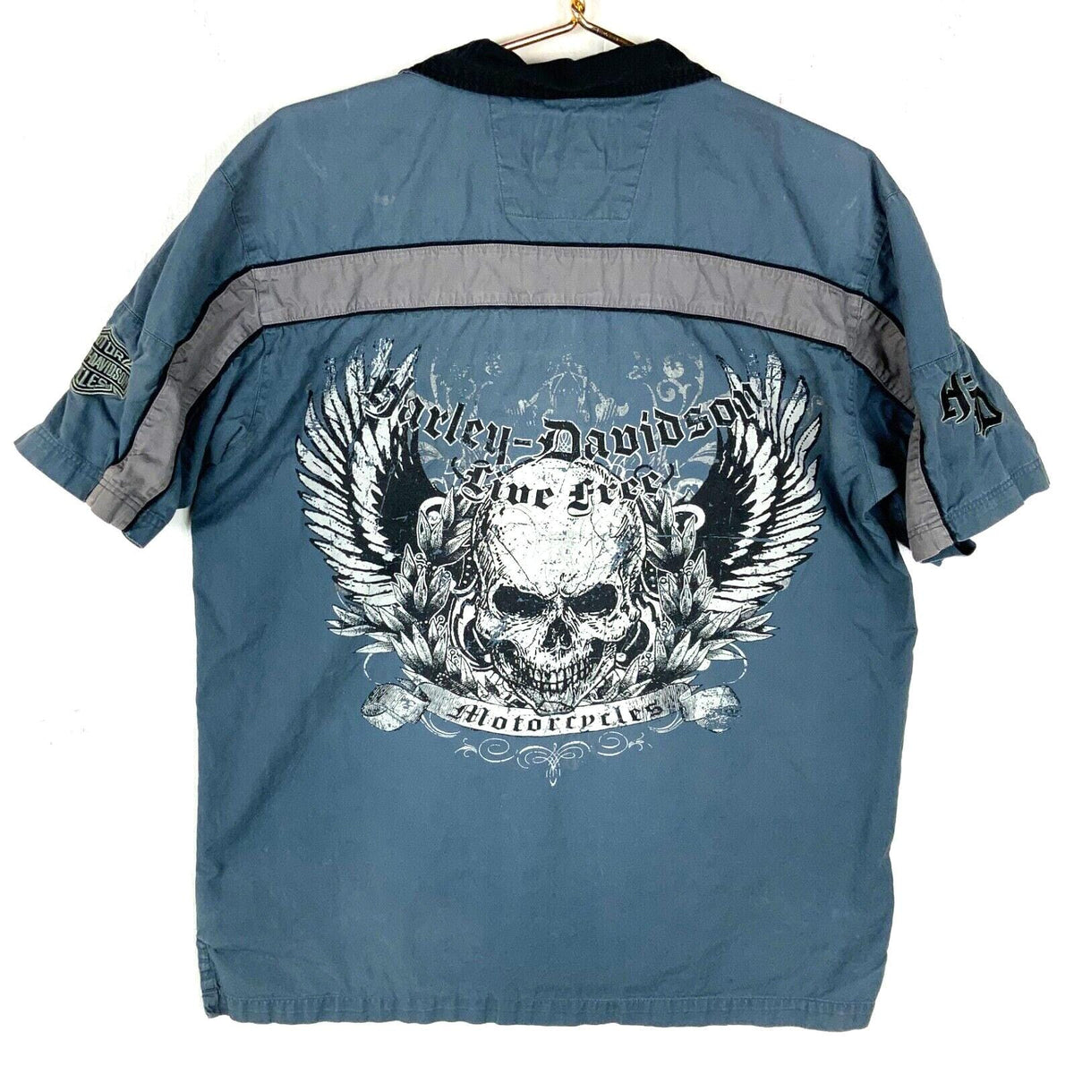 Harley Davidson Shirt Medium Blue Button Up Short Sleeve Striped Skull And Wings Graphic Tee – Feel-Good Design · Perfect For Daily Wear