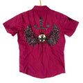 Vintage Y2K Shirt Medium Red Short Sleeve Button Up Sword Cross Wings Graphic Tee – Warm & Stylish · High-Quality Print