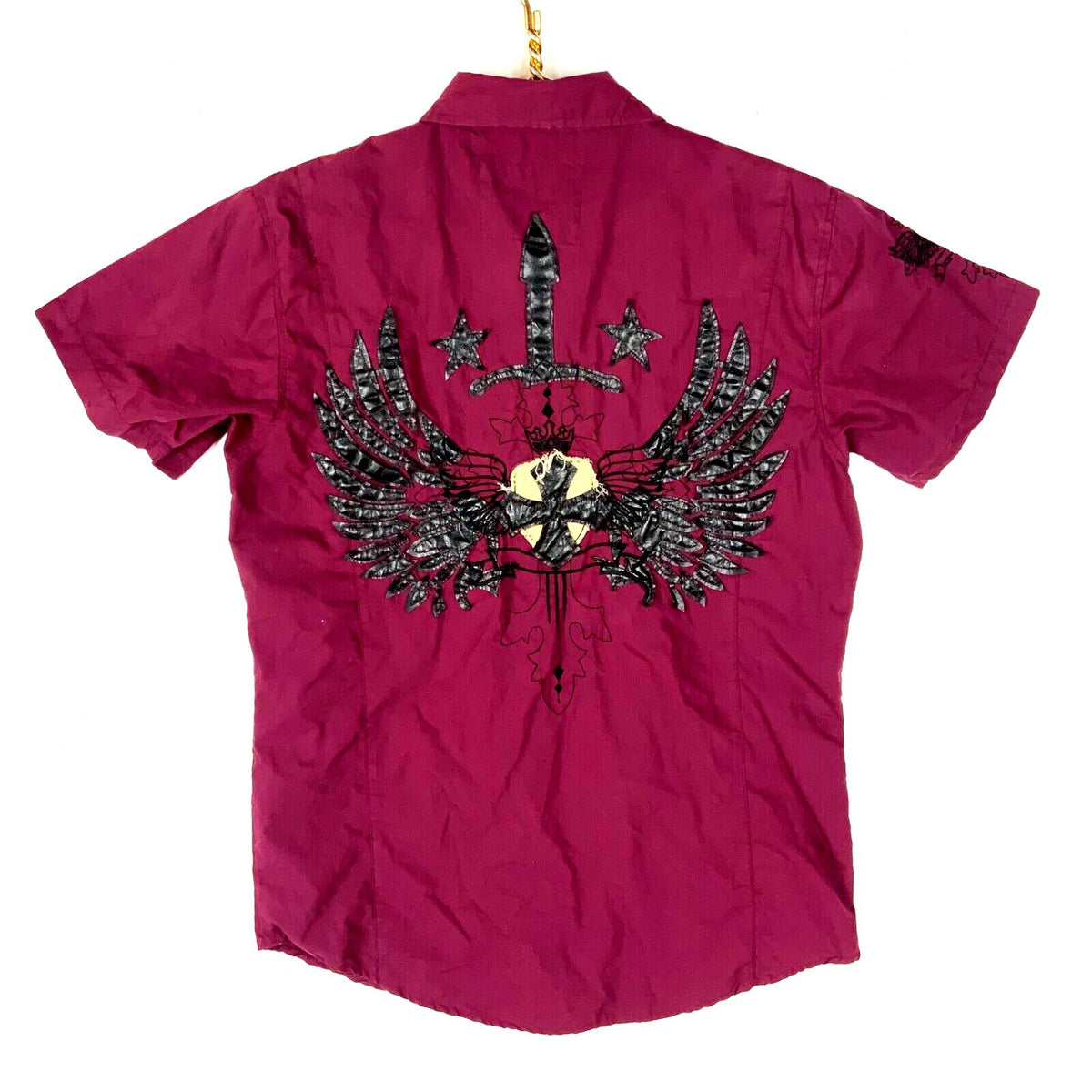 Vintage Y2K Shirt Medium Red Short Sleeve Button Up Sword Cross Wings Graphic Tee – Warm & Stylish · High-Quality Print