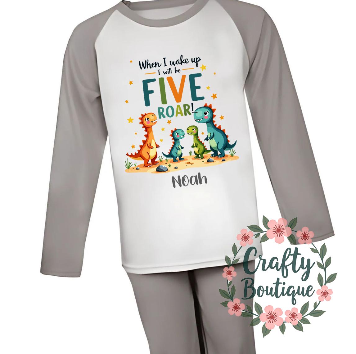 5th Birthday PJs When I Wake Up I Will Be Five Dinosaur Pajamas Fifth Birthday Gift Personalised Name Nightwear Dino Theme Roar 1212 Graphic Tee – Bold Style · Must-Have Style