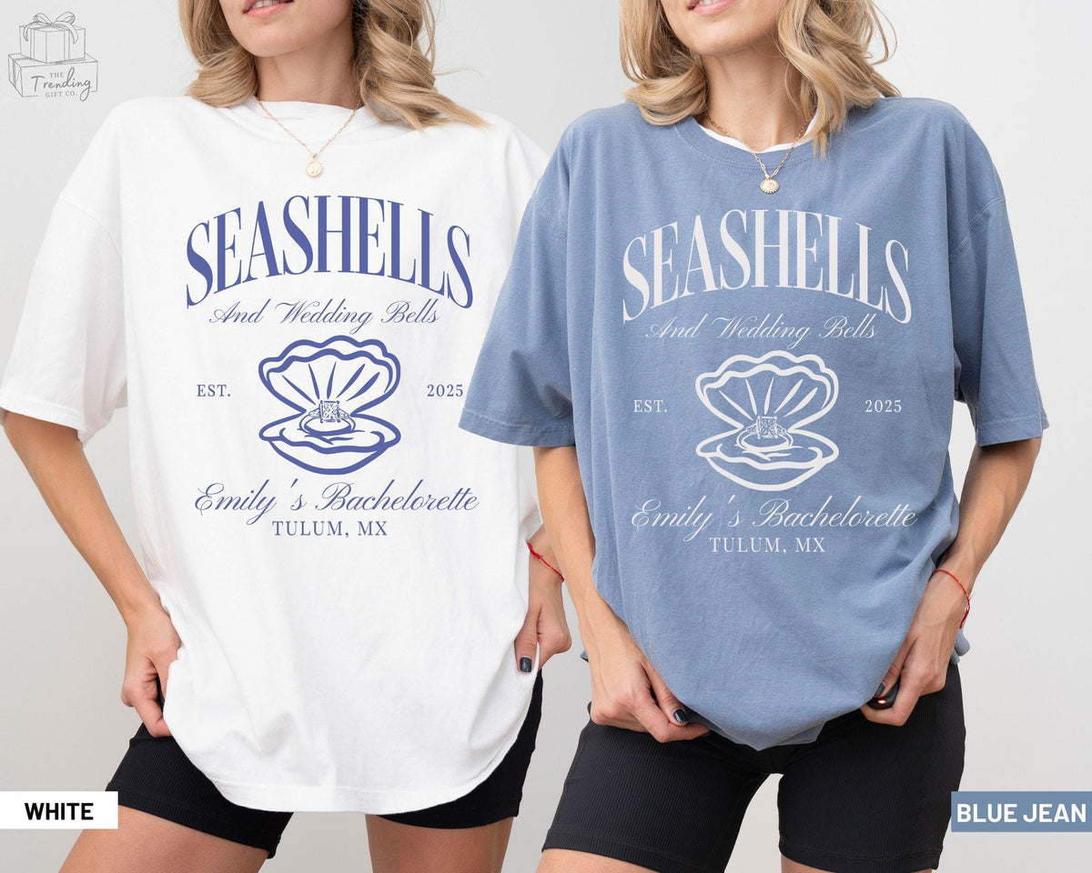 Seashells and Wedding Bells Bachelorette Shirt Custom Coastal Beach Bach Tshirt Personalized Bridal Party Girls Trip Comfort Colors Tees Graphic Tee – Cozy Vibes · Must-Have Style