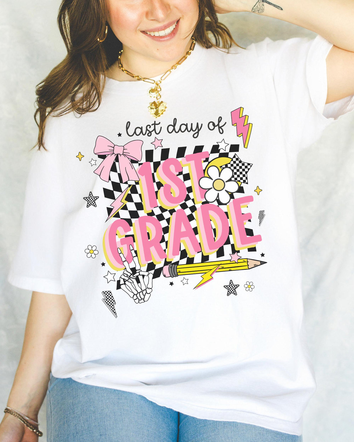 Last Day of First Grade Tee Shirt First Grade Teacher Colorful Early 2000s Aesthetic Tee Skeleton Hands Class Dismissed School39s Out Graphic Tee – Soft Feel · Great Gift For Fans