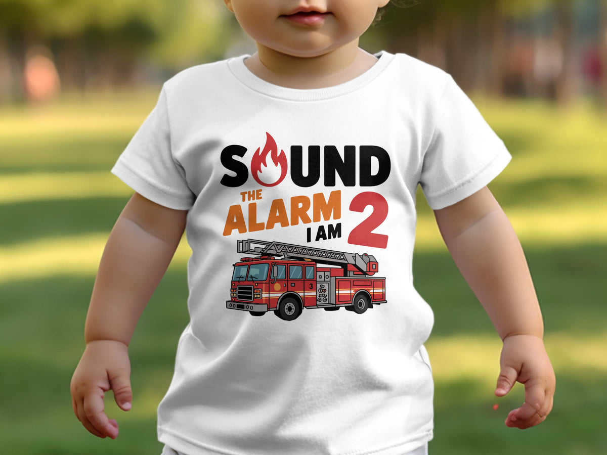 Boys 2nd Birthday T Shirt Sound the Alarm I Am 2 Fire Truck White TShirt Graphic Tee – Bold Style · High-Quality Print