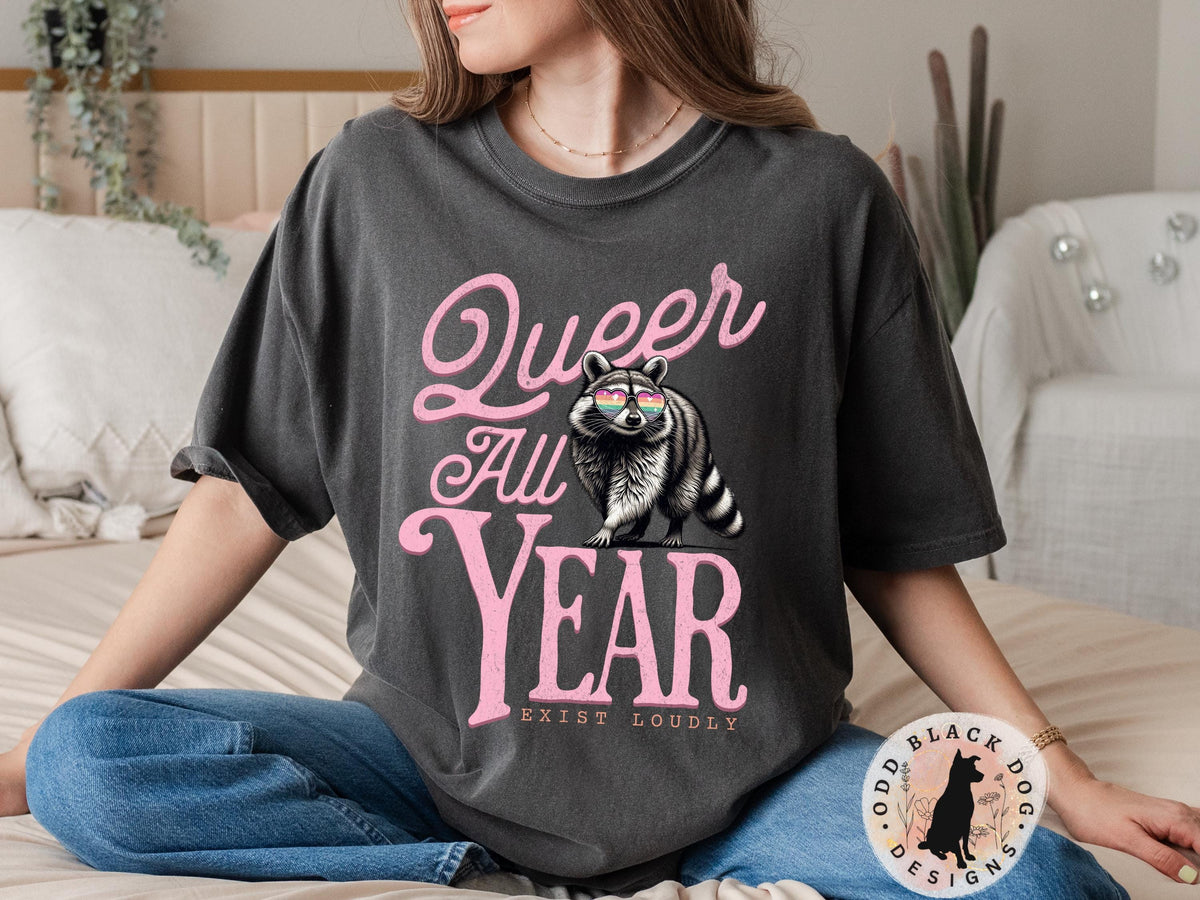 Queer All Year Raccoon Shirt for Pride Month Funny Pride Tee LGBTQ TShirt for Pride Parade Cute Queer Gift for Pride Month Shirt Rainbow Graphic Tee – Premium Graphic · Great Gift For Fans
