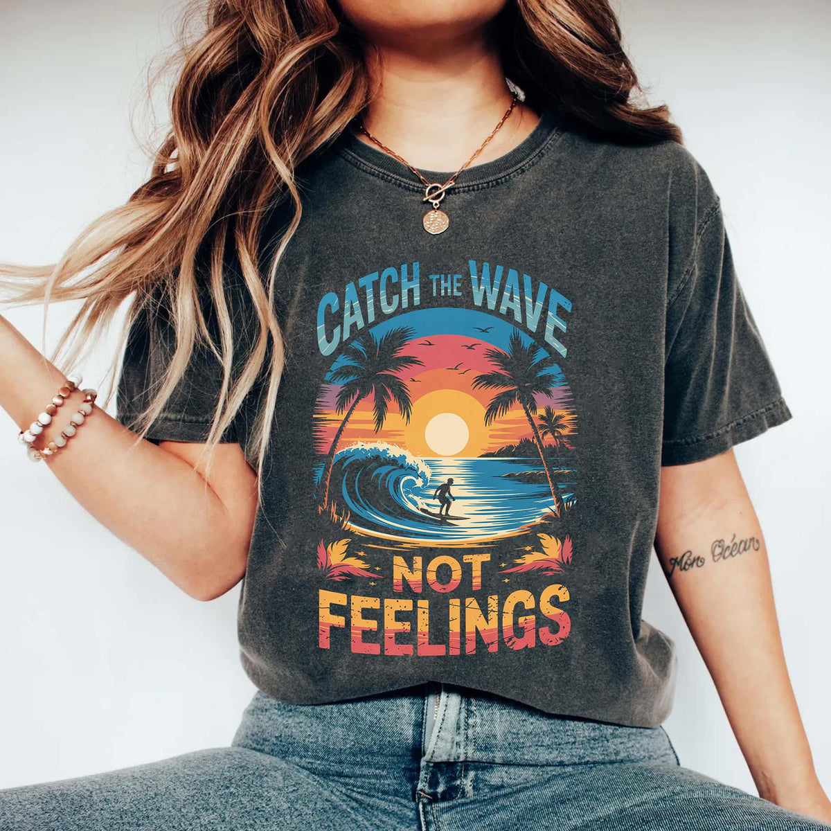 Catch The Wave Not Feelings Summer Retro Surfing Tropical Beach Vacation Holiday Funny Saying Graphic Tee – Fan Favorite · Great Gift For Fans