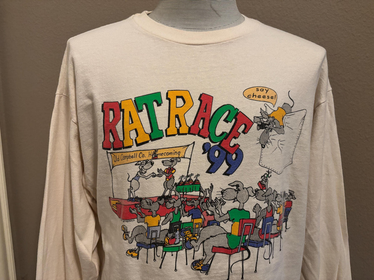 Vintage 90s Rat Race 1999 Old Campbell Company Longsleeve Tshirt XL Graphic Tee – Aesthetic Look · Trending Graphic Apparel