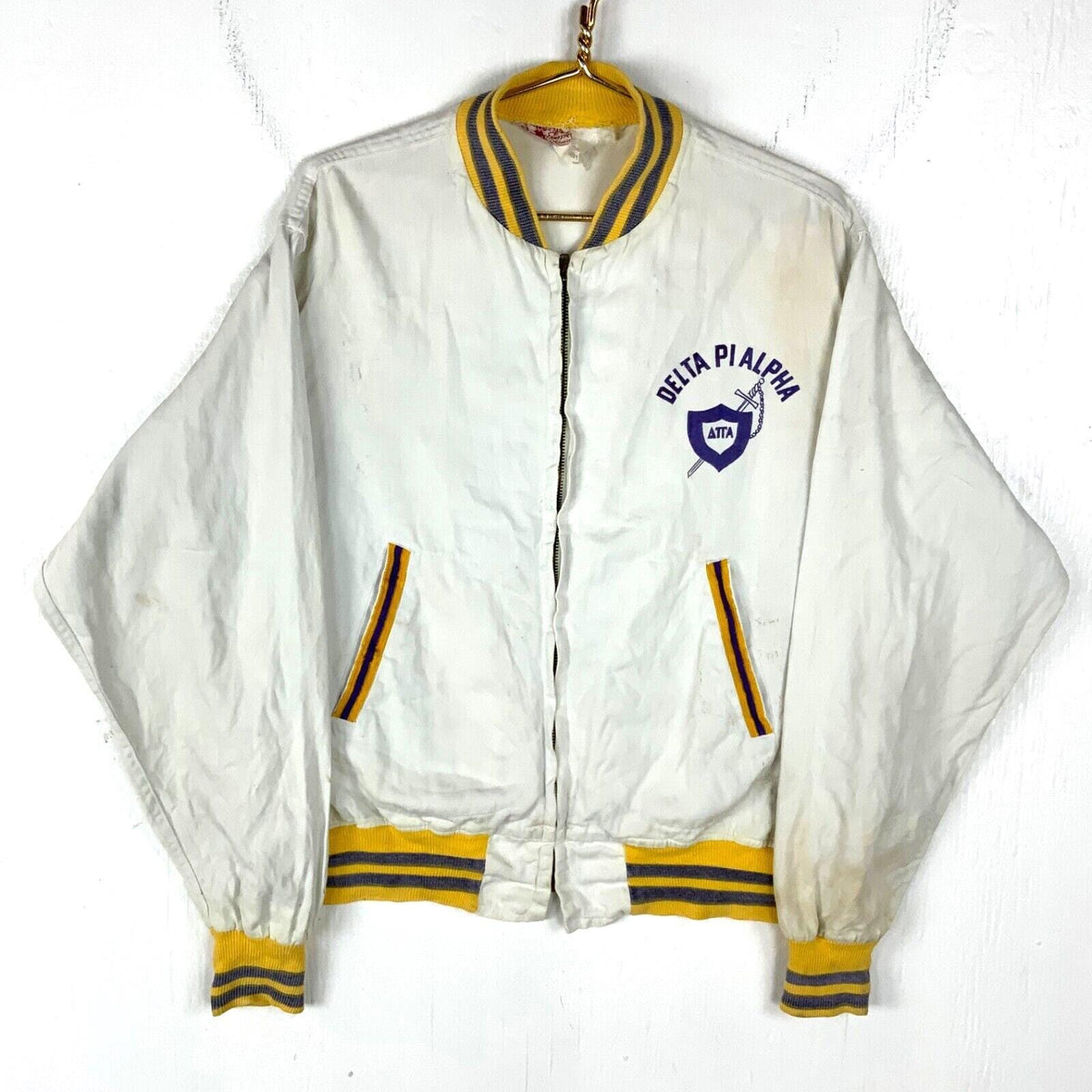 Vintage 1950s Jacket Large Full Zip Distressed Delta Pi Alpha Fraternity Bomber Graphic Tee – Premium Graphic · Must-Have Style