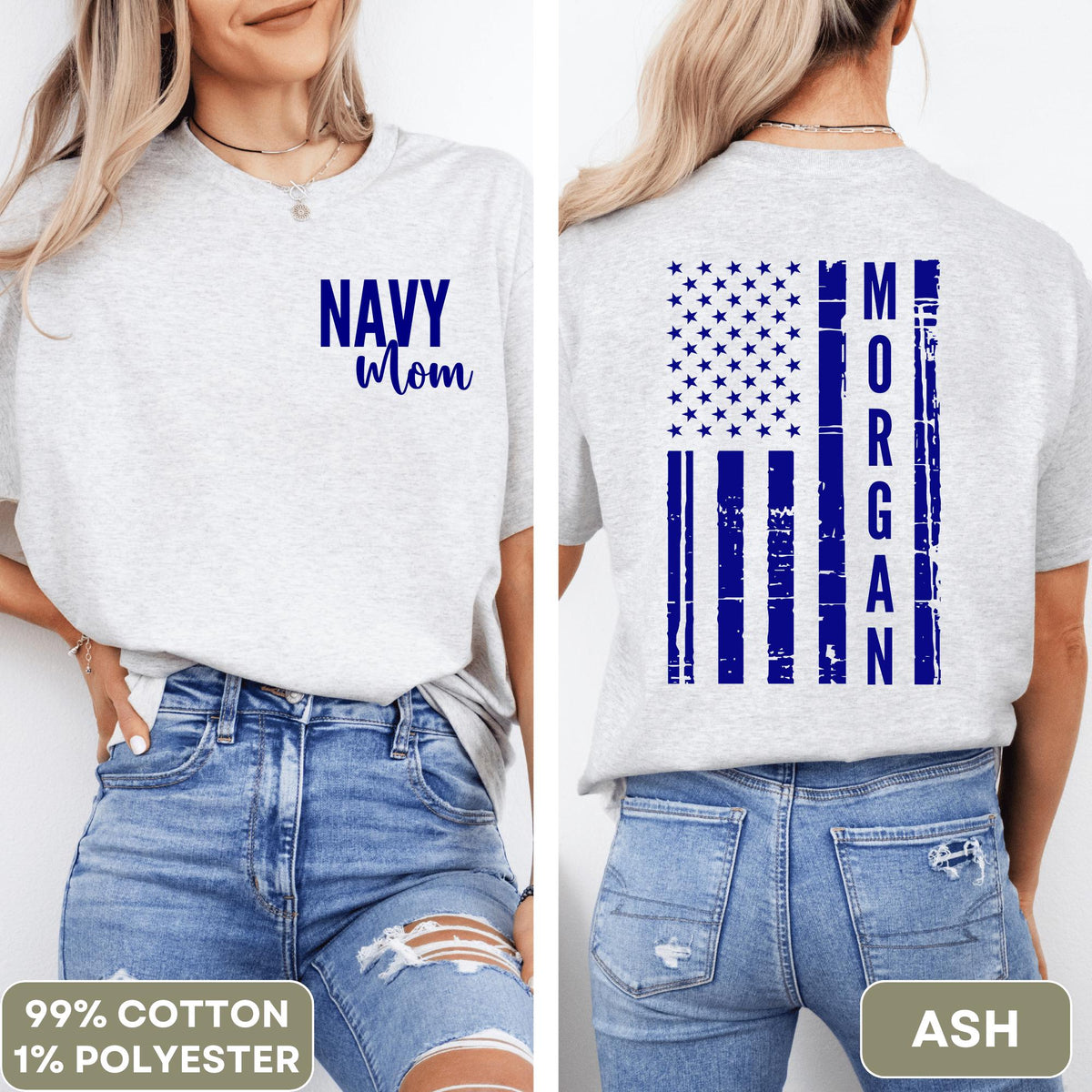 Custom Navy Shirt With Personalized American Flag Design on Sleeve For Navy Wives Navy Moms or any Proud Navy Military Family Member Tee Graphic Tee – Everyday Comfort · High-Quality Print