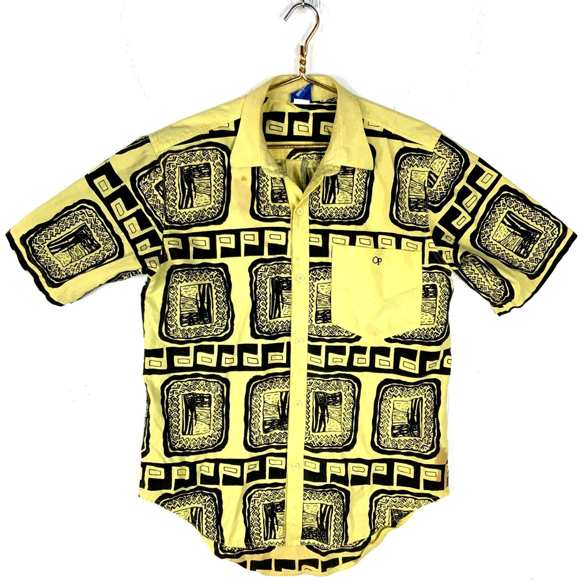 Vintage Ocean Pacific Shirt Medium Yellow Short Sleeve Button Up Pattern Graphic Tee – Aesthetic Look · Great Gift For Fans