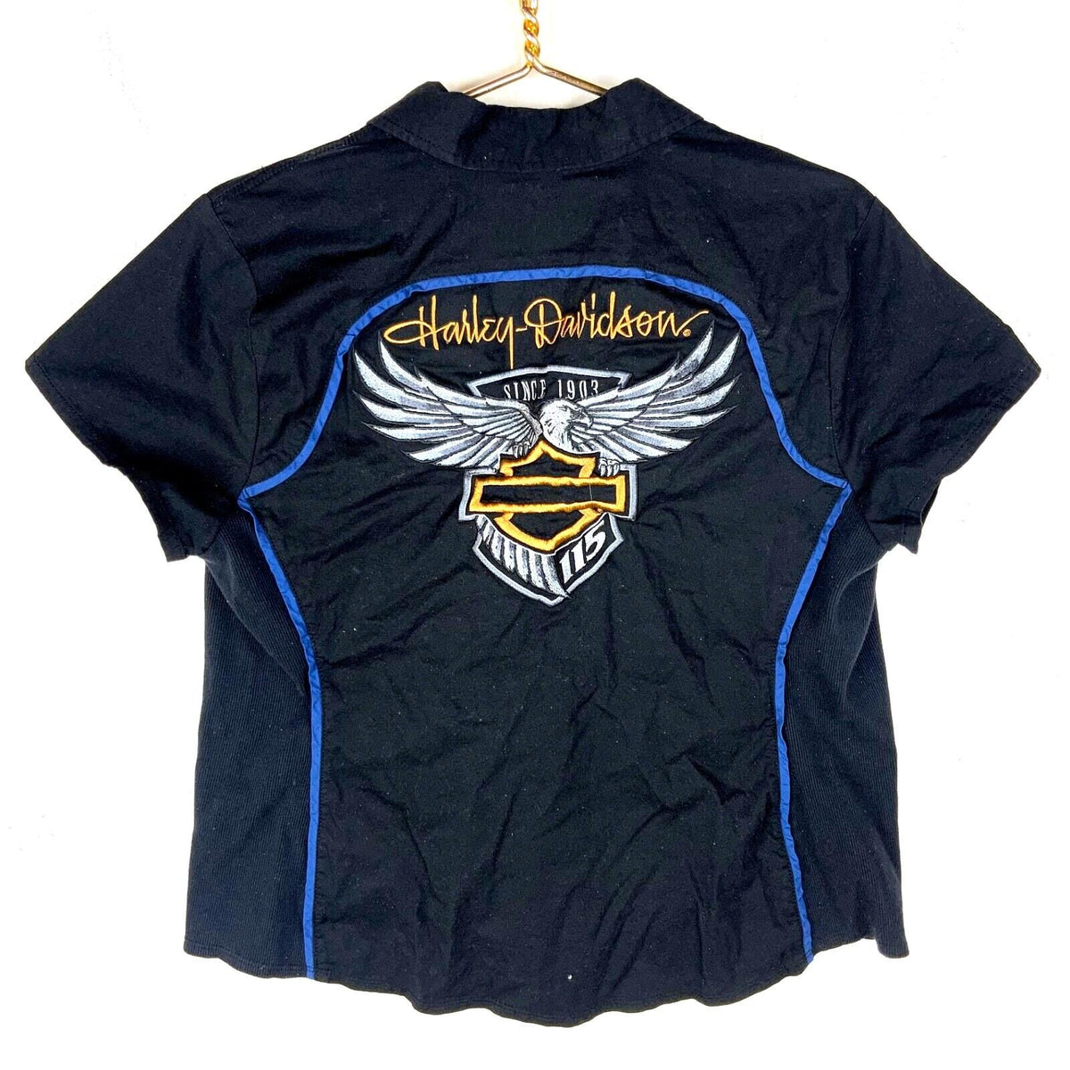 Harley Davidson Women39s Shirt Large Black Short Sleeve Zip 115th Anniversary Graphic Tee – Warm & Stylish · Trending Graphic Apparel