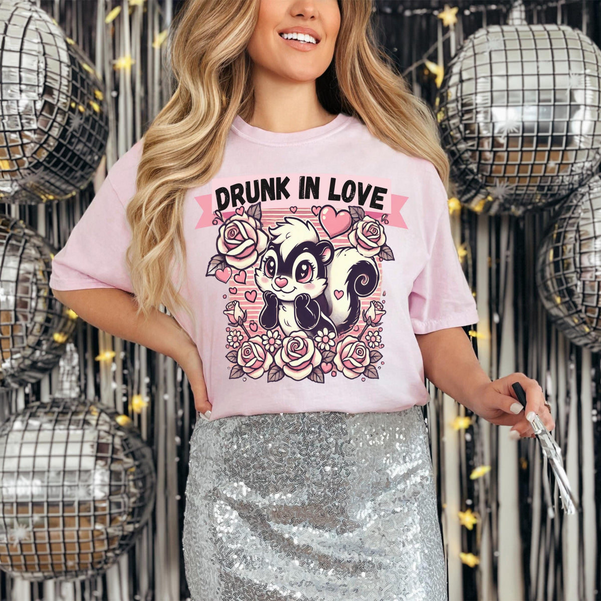 Drunk in Love t shirt 1717 Skunk Graphic Tee Bachelorette Party Shirts Adult Unisex Fit Women39s Tshirt Pink Floral Top Graphic Tee – Everyday Comfort · High-Quality Print
