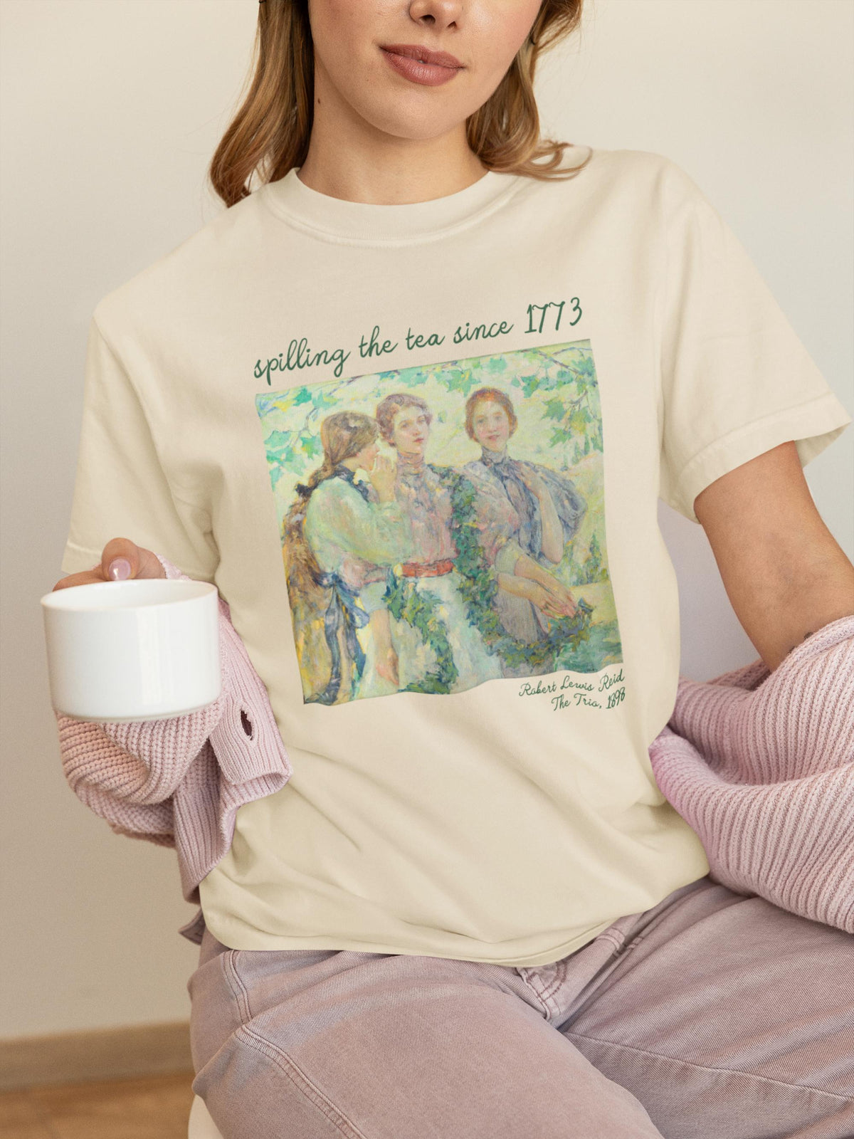 Women39s History Tee Shirt Spilling the Tea Since 1773 American Impressionist Art History The Trio by Robert Reid Social Studies Teacher Graphic Tee – Everyday Comfort · Trending Graphic Apparel