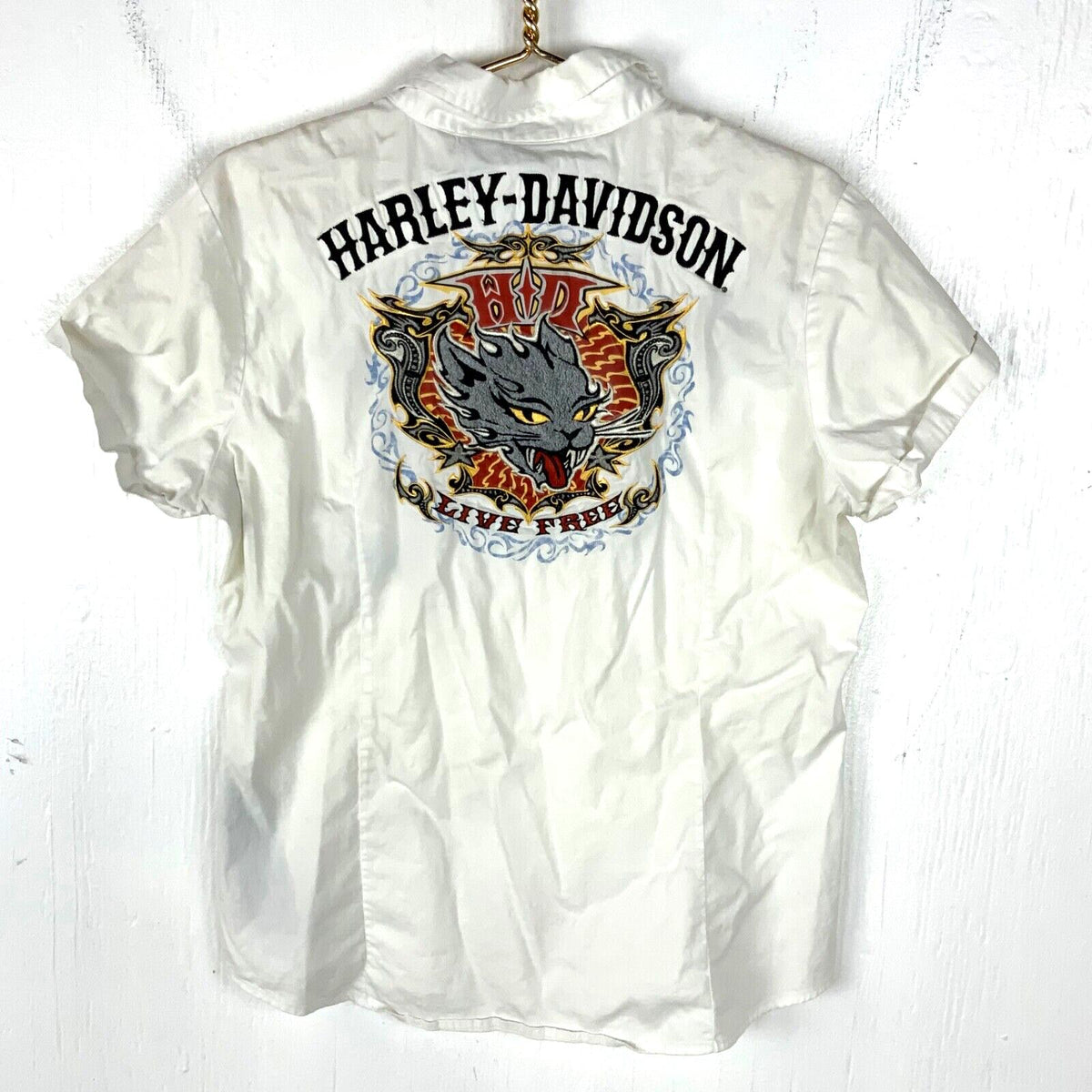 Harley Davidson Womens Shirt Large Short Sleeve Button Up Embroidered Live Free Graphic Tee – Warm & Stylish · Must-Have Style
