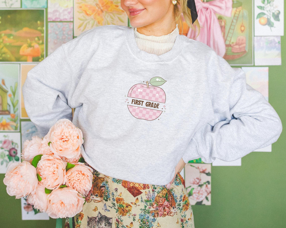 First Grade Teacher Sweatshirt with Cute Disco Groovy Vibe First Grade Crew Matching Teacher Shirt with Apple Teaching Assistant Crewneck Sweatshirt – Cozy Vibes · Great Gift For Fans