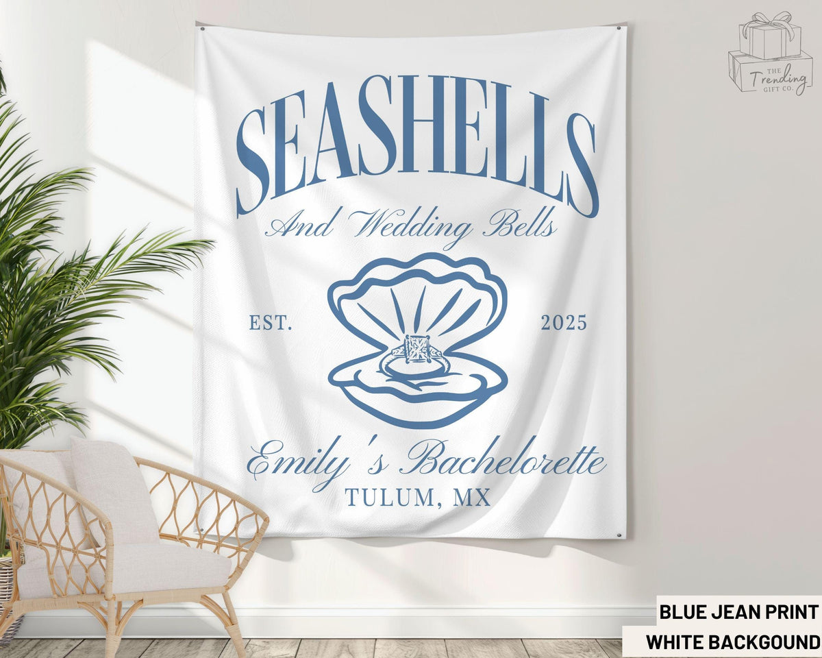 Seashells and Wedding Bells Bachelorette Party Banner Custom Beach Bride Weekend Decor Personalized Coastal Wedding Backdrop Tapestry Graphic Tee – Soft Feel · High-Quality Print