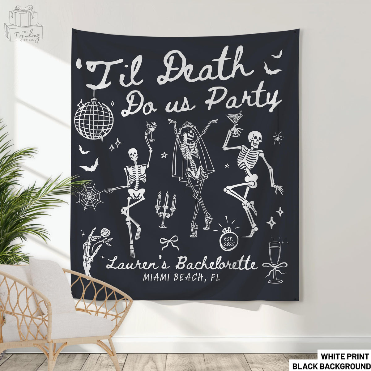 Til Death Bachelorette Party Decor Personalized Gothic Tapestry Skeleton Bride BannerBridal Photo BackdropFunny Halloween Wedding Favors Graphic Tee – Cozy Vibes · Top Pick For Any Outfit