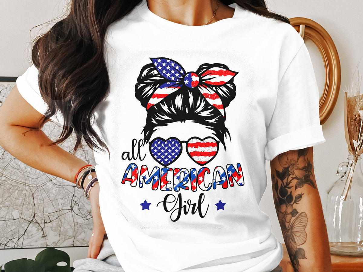All American Girl T Shirt Patriotic Sunglasses Hair Tie USA Flag Tee 4th of July Gift Womens Independence Day Shirt Graphic Tee – Aesthetic Look · Trending Graphic Apparel
