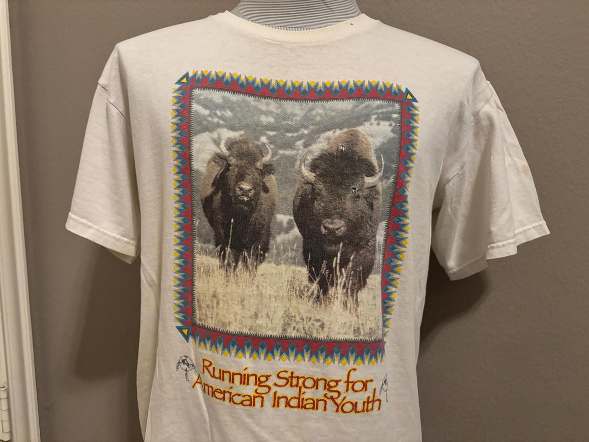 Vintage 90s American Indian Running Strong For Youth Bison Tshirt L Graphic Tee – Premium Graphic · Great Gift For Fans