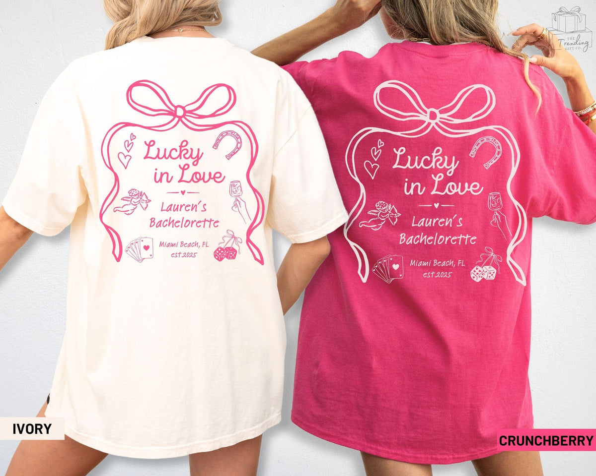 Las Vegas Bachelorette Lucky in Love Shirt Comfort Colors Custom Casino Bridal Party Group TShirts Personalized Feeling Lucky Girls Trip Tee Graphic Tee – Fan Favorite · Trending Graphic Apparel