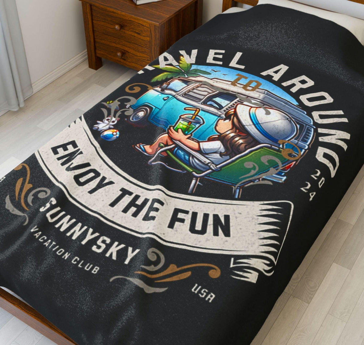 Vacation club Travel Adventure Velveteen Plush Blanket Cozy Throw for Camping Travel Lovers Gift Home Decor Relaxation Blanket Graphic Tee – Soft Feel · High-Quality Print
