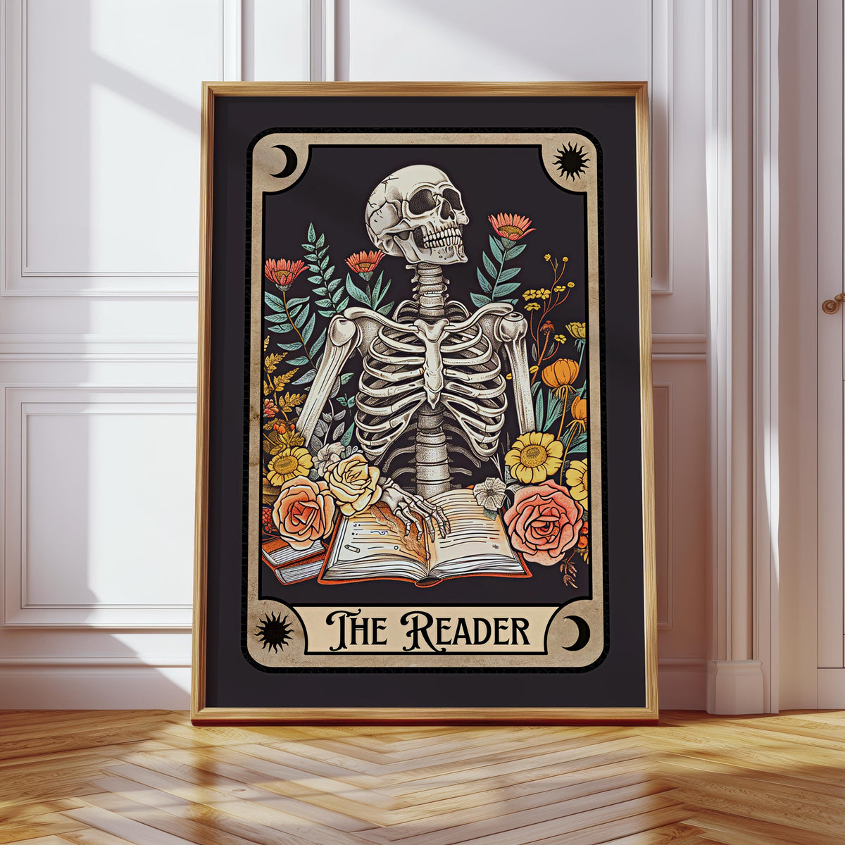 The Reader Tarot Poster Skeleton Reader Tarot Card Art Print Book Lover Gift Witchy Reading Nook Art Bookish Witchy Library Decor Graphic Tee – Soft Feel · Great Gift For Fans