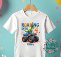 4th Birthday T shirt Roaring Into 4 Personalised Birthday Gift 4 Year Old Dinosaur Tee Boys Party T Shirt I am Four Outfit 1346 Graphic Tee – Cozy Vibes · Trending Graphic Apparel