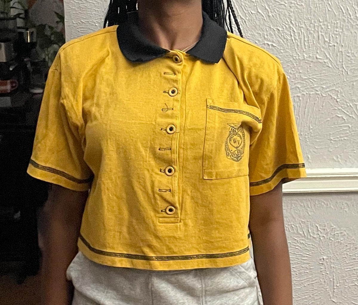 Vintage 80s Yellow Button Up croptop modeled size L Graphic Tee – Soft Feel · Perfect For Daily Wear