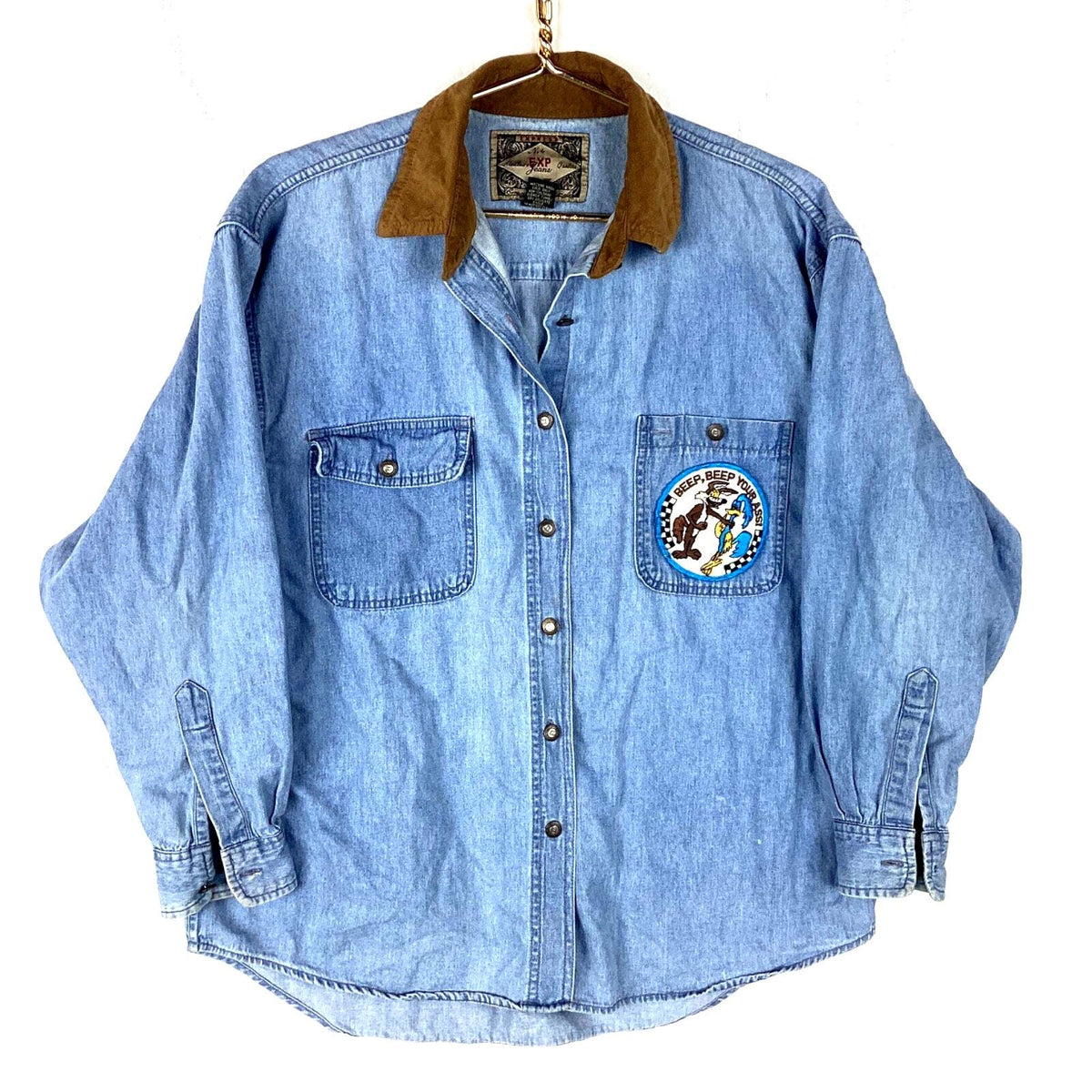 Vintage 1980s 9039s Denim Shirt Size Medium Blue Button Up Long Sleeve Patch Graphic Tee – Feel-Good Design · Trending Graphic Apparel