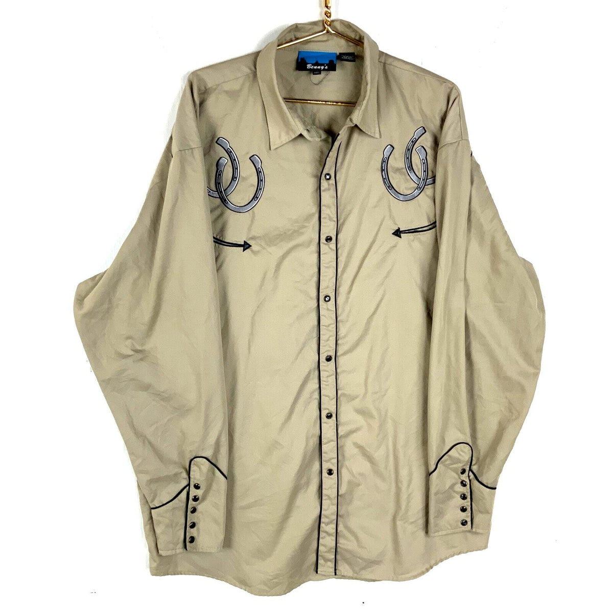 Pearl Snap Western Shirt Size 3XL Beige Long Sleeve Embroidered Horse Shoes Graphic Tee – Warm & Stylish · Must-Have Style