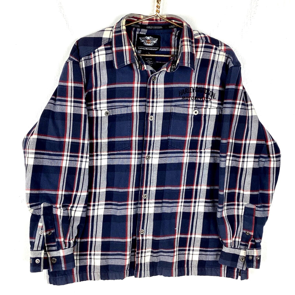 Harley Davidson Flannel Shirt Size XL Blue Plaid Snap Button Long Sleeve Lined Graphic Tee – Fan Favorite · Must-Have Style