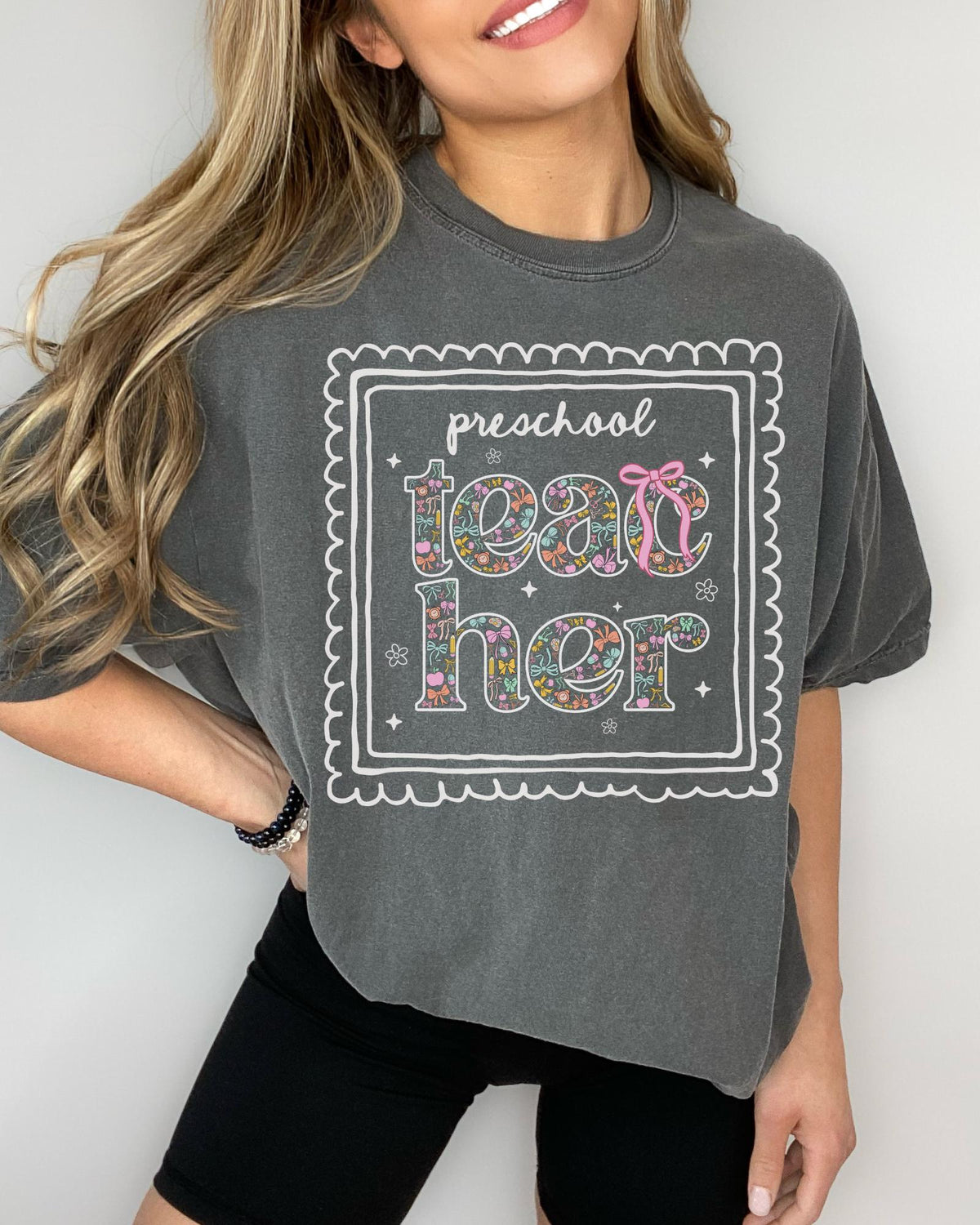 Preschool Teacher Tee Shirt for Back to School Cute Floral Matching Preschool Crew TShirt with Bow and Cute Nineties Aesthetic Doodles Graphic Tee – Bold Style · Trending Graphic Apparel