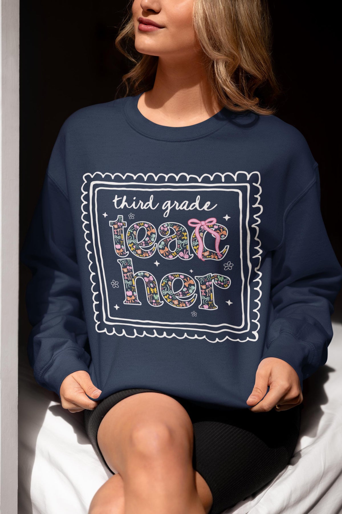 Third Grade Teacher Sweatshirt for Back to School Cute Floral Matching Third Grade Crew Crewneck with Bow Cute Nineties Aesthetic Doodles Sweatshirt – Cozy Vibes · Top Pick For Any Outfit