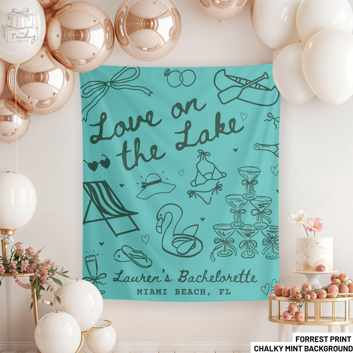Personalized Bachelorette Party Decor Love On The Lake Bach Banner Custom Camping Tapestry Girls Trip Weekend Bridal Shower Welcome Sign Graphic Tee – Aesthetic Look · Perfect For Daily Wear