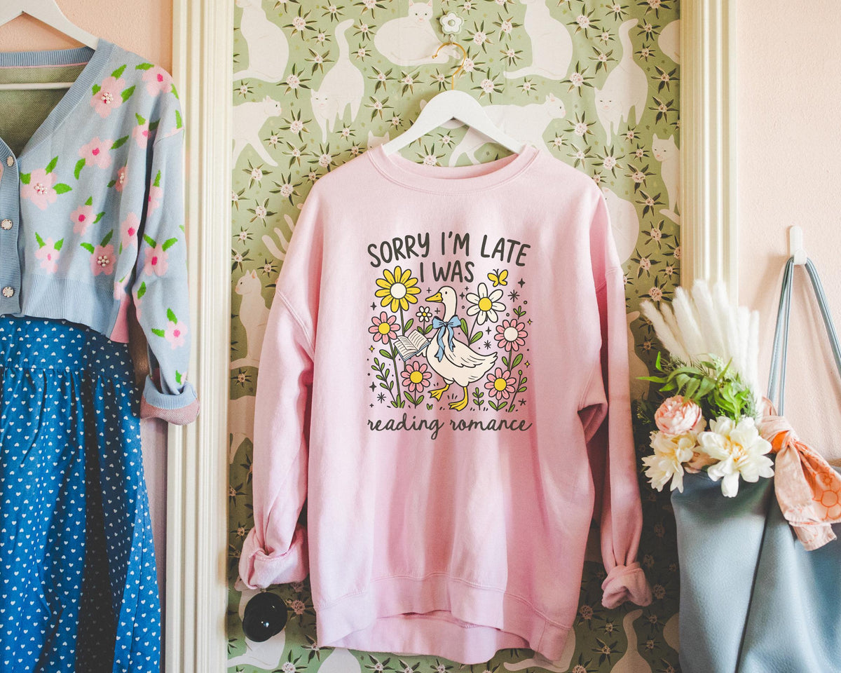 Romance Reader Sweatshirt Animal Lover Who Loves Flowers and Reading Romance Books Cute Bookish Shirt with Silly Goose Romance Bookworm Sweatshirt – Premium Graphic · High-Quality Print