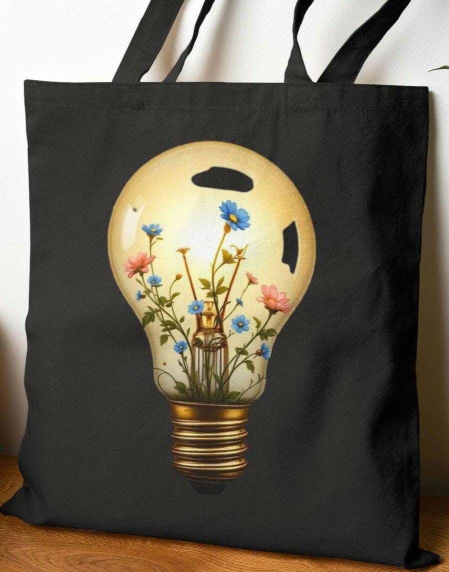 Pressed Floral Light Bulb Tote Bag Eco Friendly Bag Gardening Tote Gift for Nature Lovers wildflower flower Tote bag flower lover gift Tote Bag – Warm & Stylish · Perfect For Daily Wear