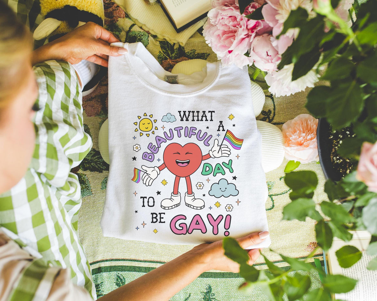Gay Pride Retro Aesthetic Sweatshirt with Heart What a Beautiful Day to Be Gay Funny Saying Nineties Throwback Equal Rights Gay Rights Sweatshirt – Feel-Good Design · Trending Graphic Apparel