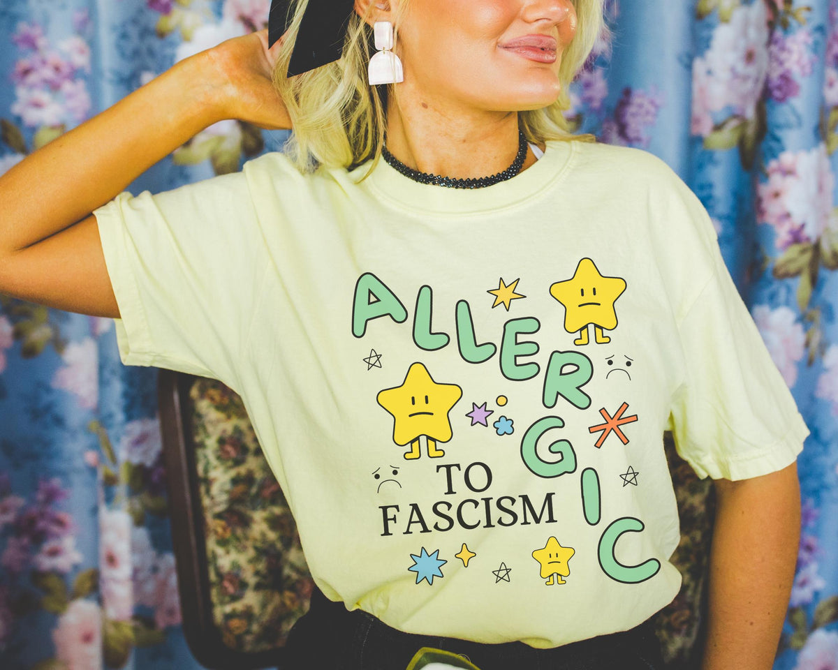 Allergic to Fascism Tee Shirt Cute Democratic Socialist or Leftist Shirt with Cute 90s Doodles Funny Saying Political Left Tee with Stars Graphic Tee – Bold Style · Top Pick For Any Outfit