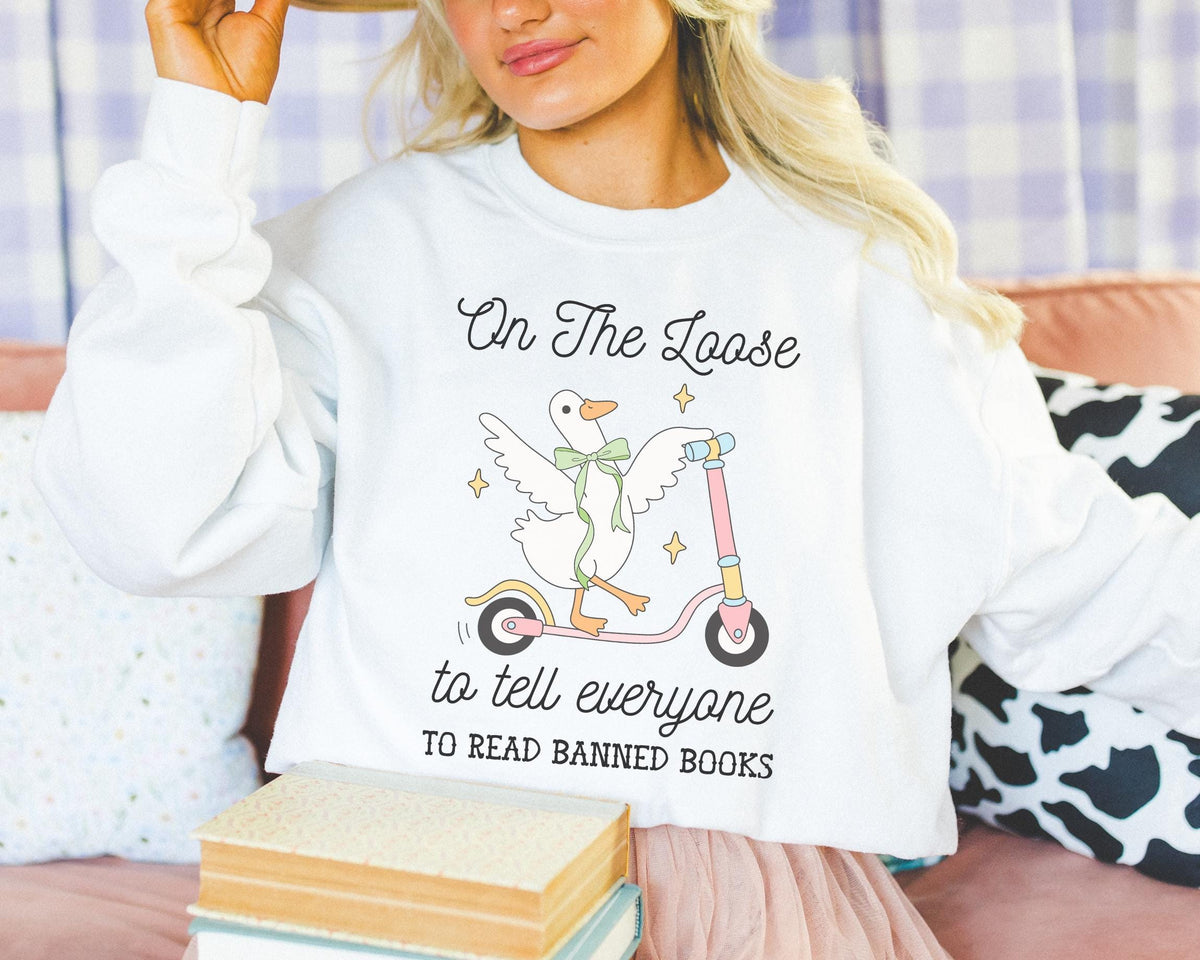 Read Banned Books Book Lover Sweatshirt with Silly Goose Wearing Cute Coquette Bow Cute Bookish Crewneck for Leftist Bookworm or Librarian Sweatshirt – Aesthetic Look · Perfect For Daily Wear