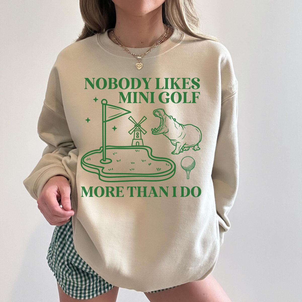 Funny Mini Golf Sweatshirt for Mom or Dad Who Always Wins Mini Golf Silly Nineties Throwback Shirt with Hippo Animal Lover Gift for Friend Sweatshirt – Cozy Vibes · Must-Have Style